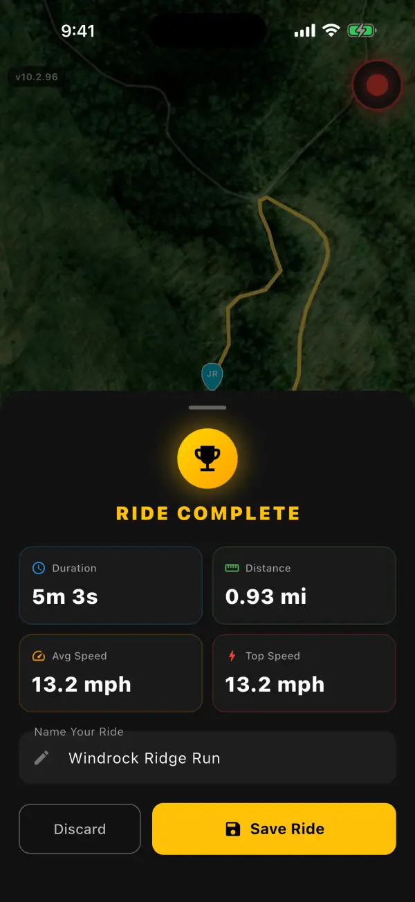 Ride Complete summary with time, distance and speed