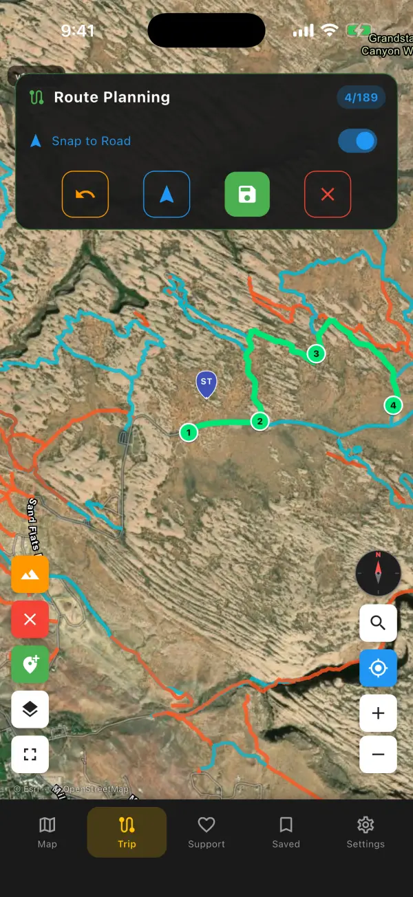 A route planned along trails with four stops
